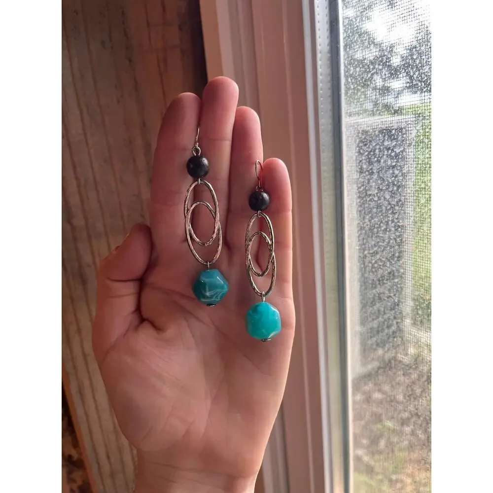 Beaded Brown Silver and Teal Dangle Earrings